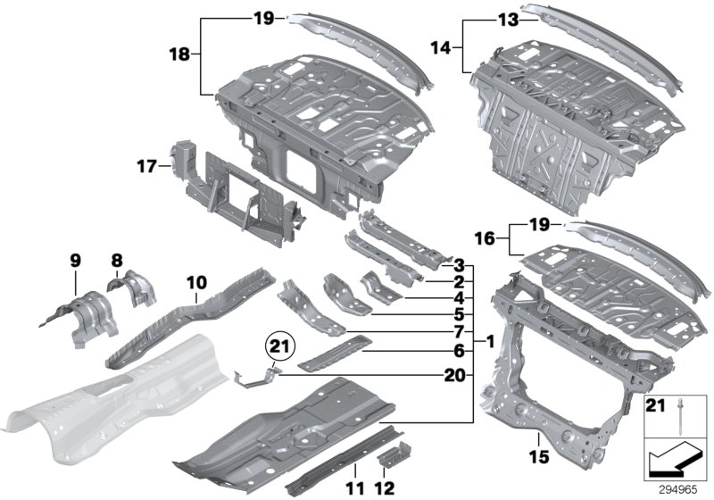 Перегородка баг.отделение/детали днища для BMW F10 523i N53 (схема запчастей)