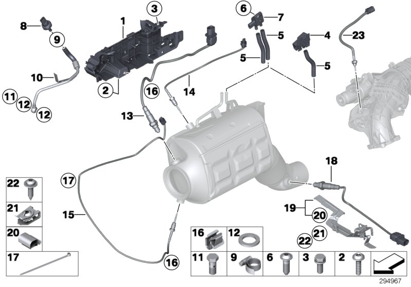 Датчики саж. фильтра/дополн.элементы для BMW F30N 330dX N57N (схема запчастей)
