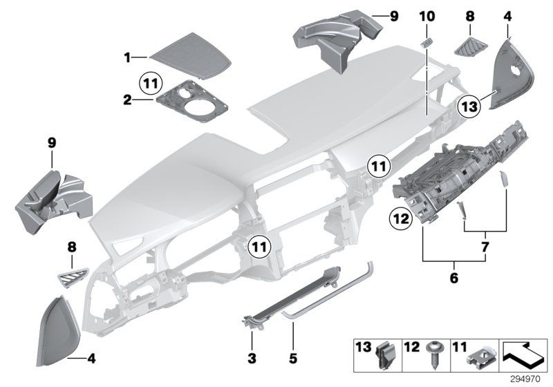 Доп.элементы панели приборов Вх для BMW F03N 760LiS N74 (схема запчастей)