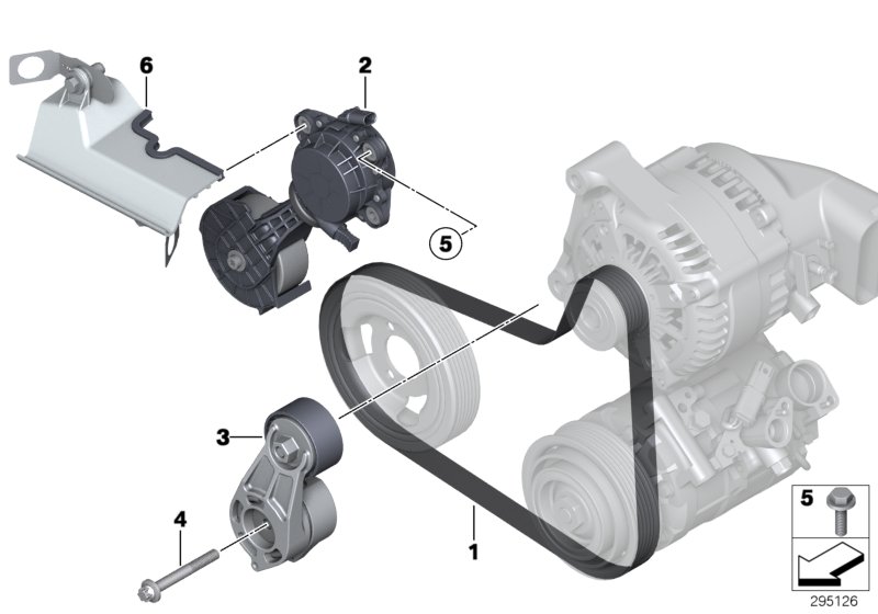 Ременный привод водяной помпы/генератора для BMW F21 118i N13 (схема запчастей)