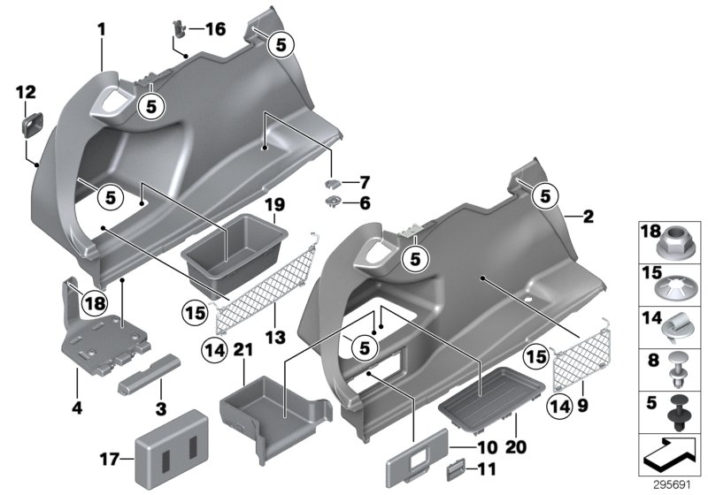 Обшивка багажного отделения Л для BMW F30N 316d B47 (схема запчастей)