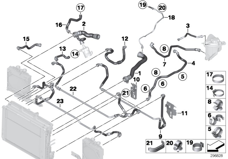 Шланги системы охлаждения для BMW F10N M550dX N57X (схема запчастей)