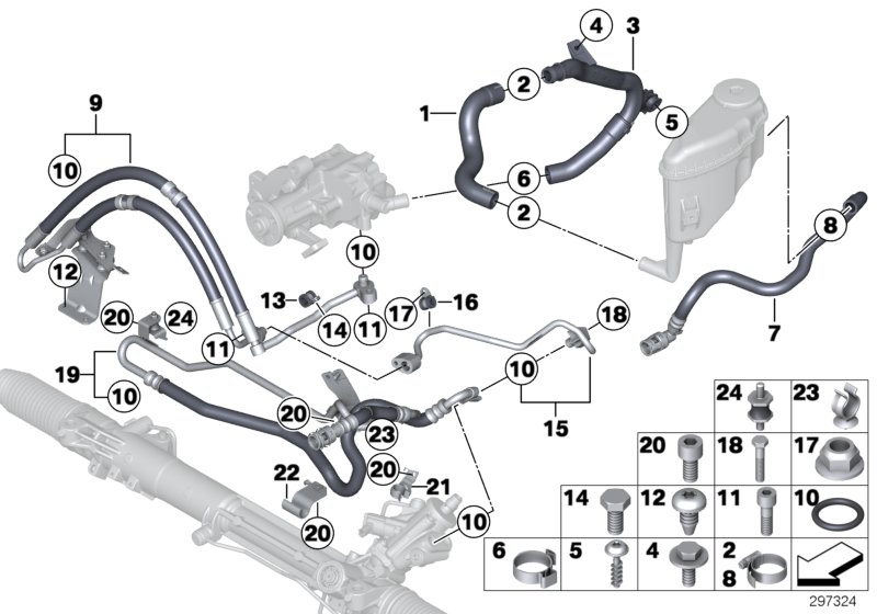 Маслопроводы гидроусилителя рул.управл. для BMW F02N 750LiX 4.4 N63N (схема запчастей)