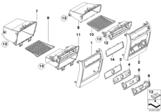 Доп.элементы центральной консоли Зд для BMW E71 X6 30dX M57N2 (схема запасных частей)