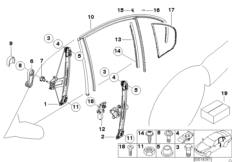 Механизм перемещения стекла двери Зд для BMW E46 318d M47N (схема запасных частей)