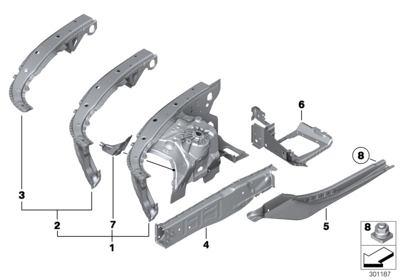 Колесная ниша/лонжерон для BMW F11 528i N20 (схема запчастей)
