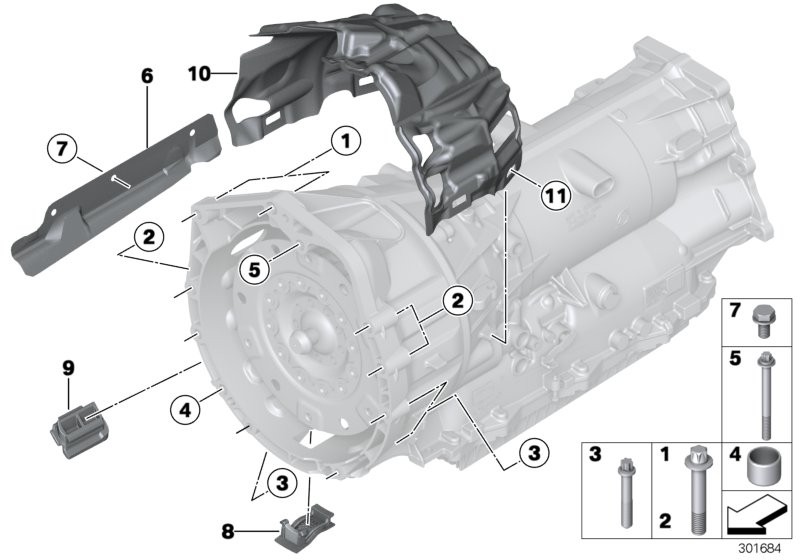 Крепление/дополнит.элементы КПП для BMW F31 335iX N55 (схема запчастей)