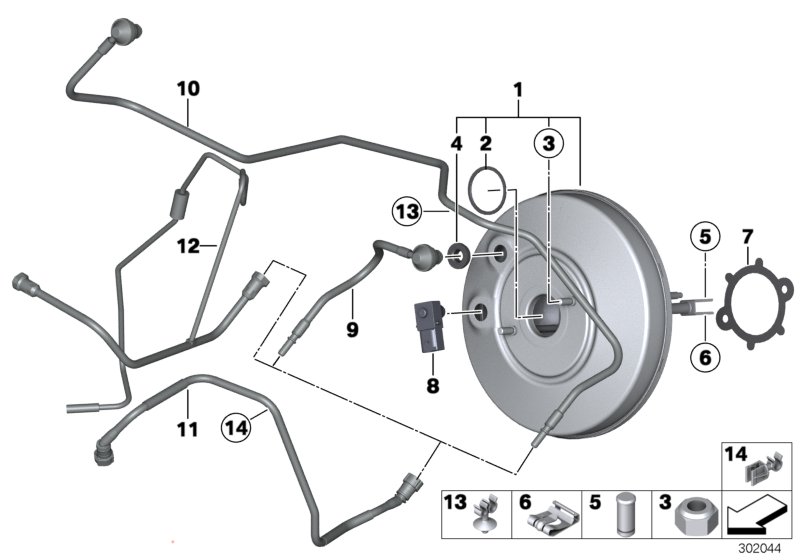 Вакуумный усилитель тормозов для BMW R59 Coop.S JCW N18 (схема запчастей)