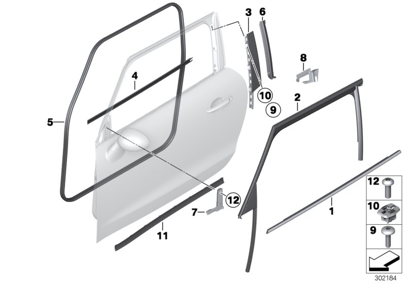 Накладки и уплотнения двери Пд для BMW R61 Cooper N16 (схема запчастей)