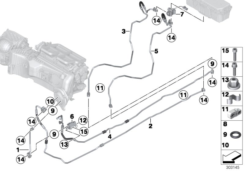 Трубопроводы хладагента под днищем для BMW F30 Hybrid 3 N55 (схема запчастей)