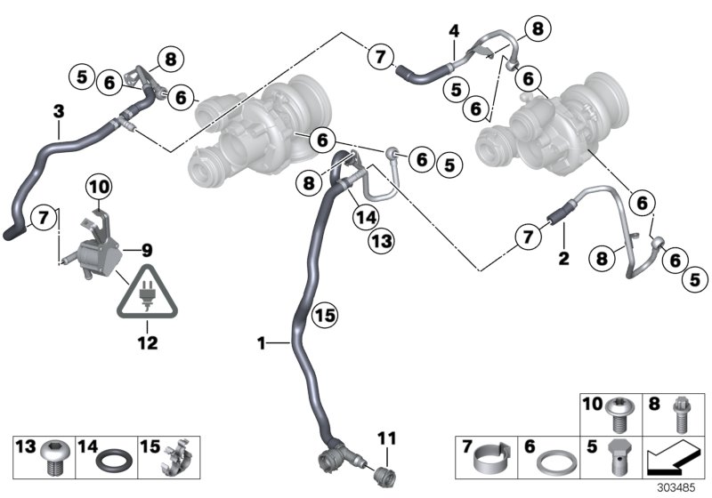 Система охлаждения-турбонагнетатель для BMW F16 X6 50iX 4.4 N63N (схема запчастей)