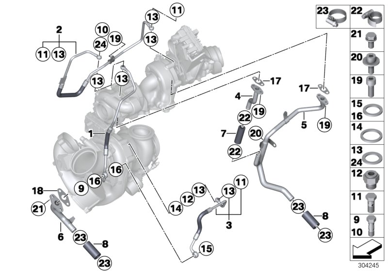 Смазочная система турбонагнетателя для BMW F15 X5 M50dX N57X (схема запчастей)