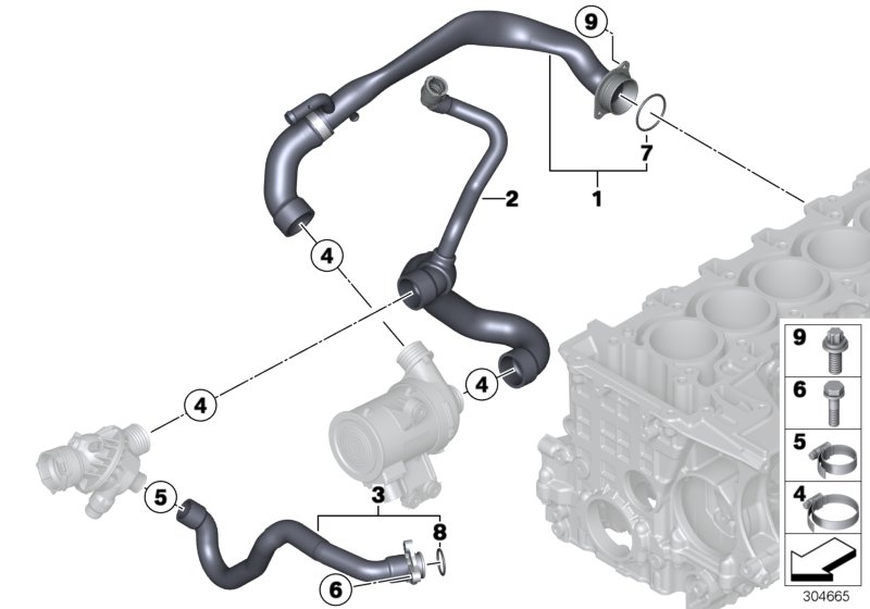 Водяной шланг системы охлаждения для BMW F36 435i N55 (схема запчастей)