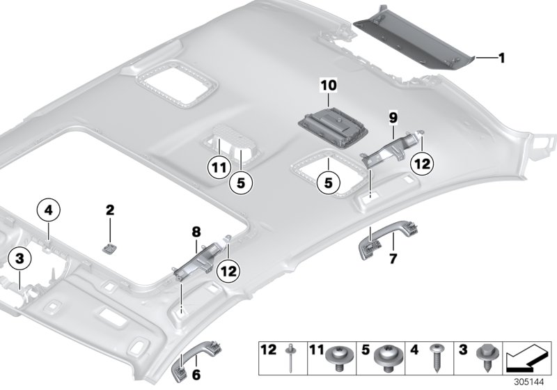 Доп.элементы потолка для BMW F10 Hybrid 5 N55 (схема запчастей)