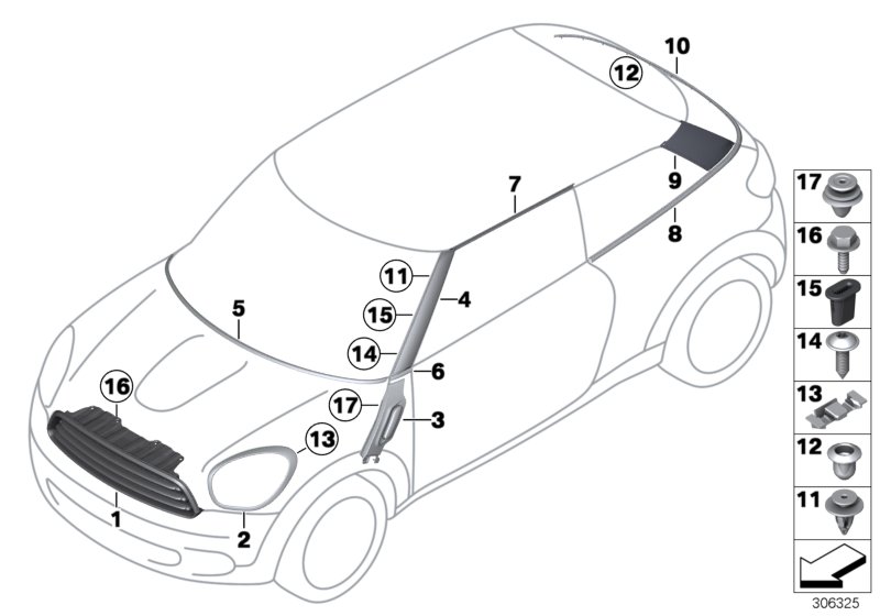 Наружные накладки / декоративные решетки для BMW R61 Cooper D ALL4 1.6 N47N (схема запчастей)