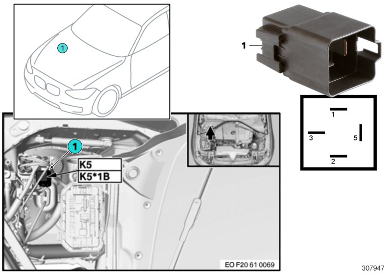 Реле электровентилятора двигателя K5 для BMW MOSP M235i Racing N55 (схема запчастей)