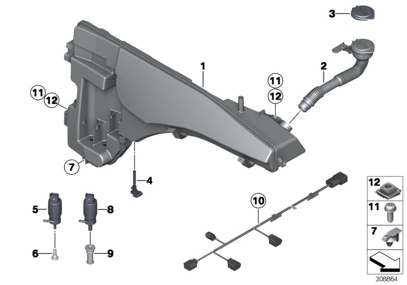 Бачок стеклоомывателя/омывателя фар для BMW E70 X5 3.0sd M57N2 (схема запчастей)