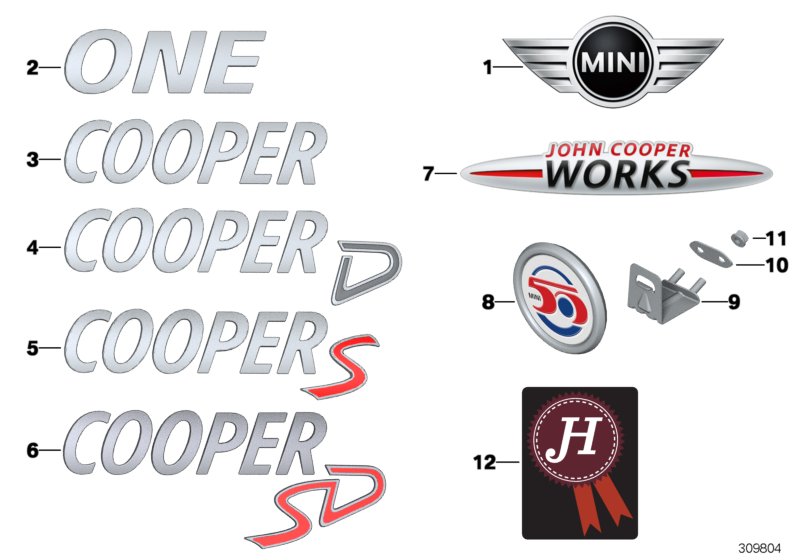 Эмблемы / надписи для MINI R55N Coop.S JCW N18 (схема запчастей)