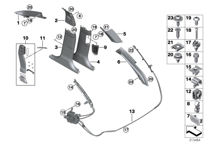 Облицовка стойки A / B / C / D для BMW F11N 528i N20 (схема запчастей)