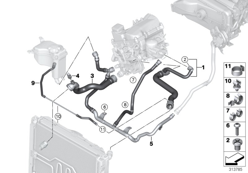 Шланги системы охлаждения для BMW E90 320i N46 (схема запчастей)