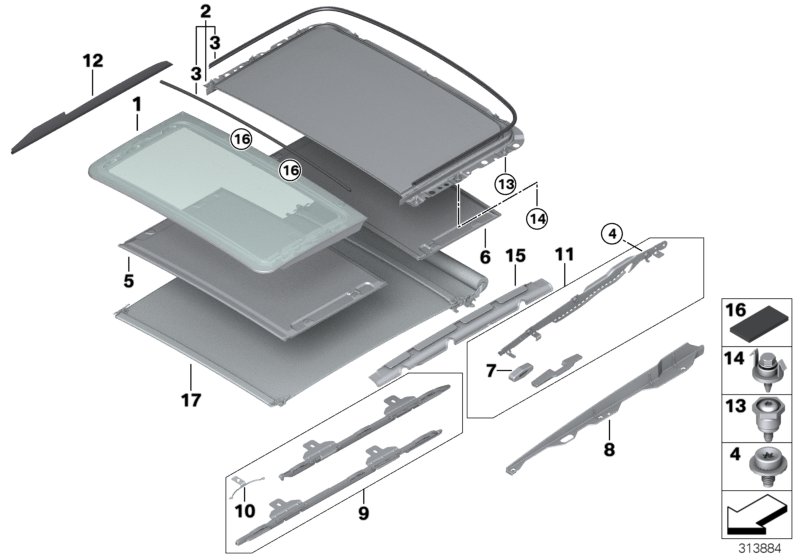Детали панорамной крыши для BMW F31 320dX N47N (схема запчастей)