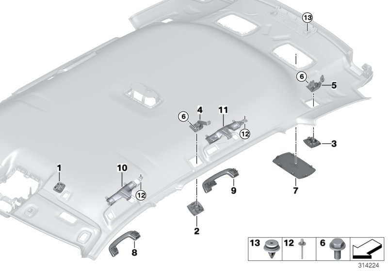 Доп.элементы потолка для BMW F11N M550dX N57X (схема запчастей)