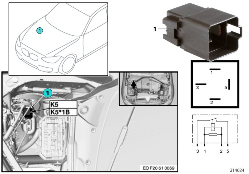 Реле электровентилятора двигателя K5 для BMW F31 328i N20 (схема запчастей)