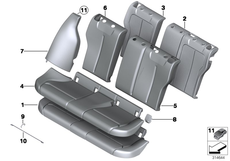 Набивка и обивка базового сиденья Зд для BMW F20N 120i B48 (схема запчастей)