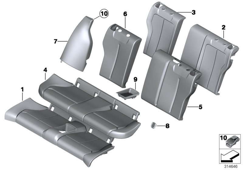 Набивка и обивка базового сиденья Зд для BMW F21N M135iX N55 (схема запчастей)