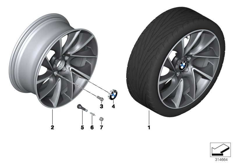 Л/с диск BMW турбинный дизайн 457 - 20'' для BMW F01 750i N63 (схема запчастей)