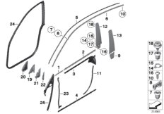 Накладки и уплотнения двери Пд для BMW F07 535iX N55 (схема запасных частей)