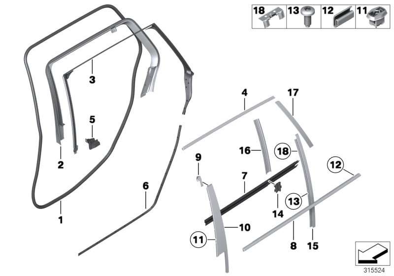 Накладки и уплотнения двери Зд для BMW F11N 520dX B47 (схема запчастей)