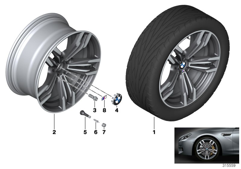 Л/с диск BMW M со сдв.спиц. 433 - 20'' для BMW F13 M6 S63N (схема запчастей)