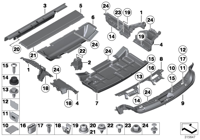 Облицовка пола багажного отделения для BMW F07 550i N63N (схема запчастей)