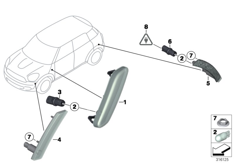 Фонарь указателя поворота Пд/Бок для BMW R60 JCW ALL4 N18 (схема запчастей)