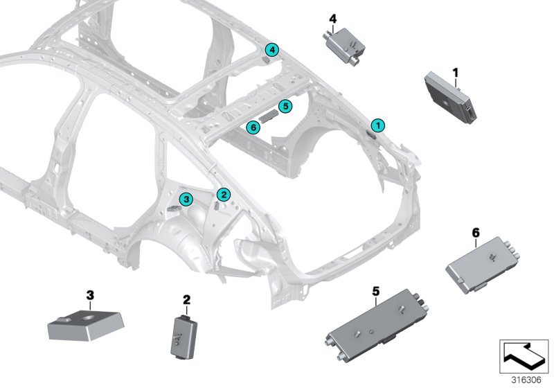 Детали антенного усилителя для BMW F36 440iX B58 (схема запчастей)