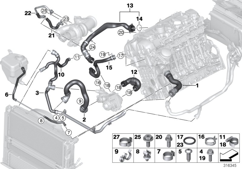 Шланги системы охлаждения для BMW E82 135i N55 (схема запчастей)