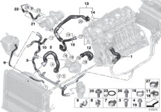 Шланги системы охлаждения для BMW E91N 335xi N55 (схема запасных частей)