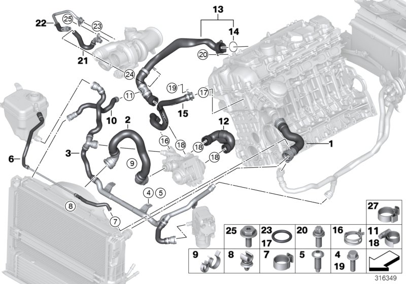 Шланги системы охлаждения для BMW E91N 335i N55 (схема запчастей)