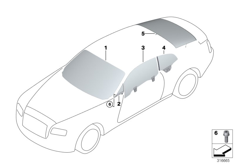 Остекление для BMW RR6 Dawn N74R (схема запчастей)