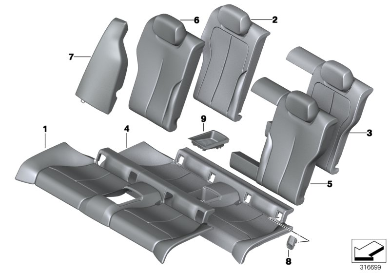 Набивка и обивка базового сиденья Зд для BMW F32N 420i B48 (схема запчастей)