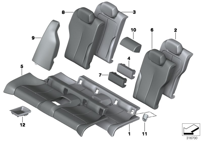Набивка и обивка задн.сид.,люк в спинке для BMW F32N 430dX N57N (схема запчастей)