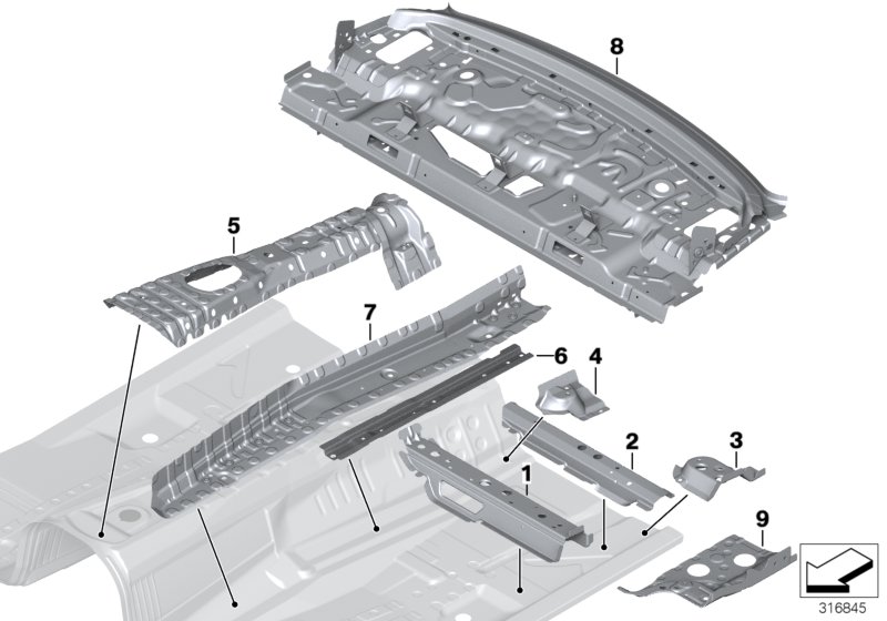 Перегородка баг.отделение/детали днища для BMW F21N 118i B38 (схема запчастей)