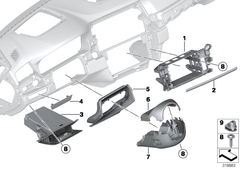 Доп.элементы панели приборов Нж. для BMW F10N 550iX N63N (схема запчастей)