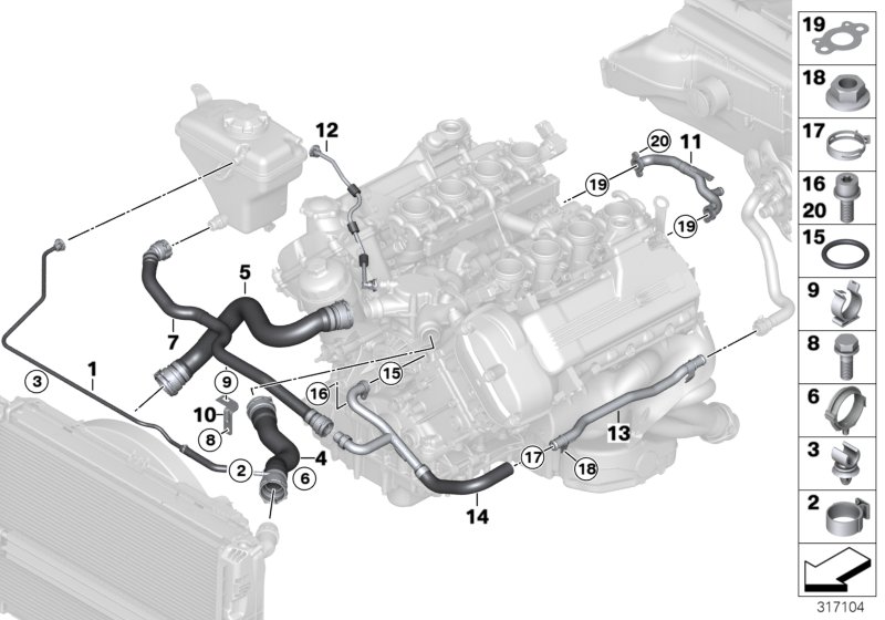 Шланги системы охлаждения для BMW E92N M3 S65 (схема запчастей)