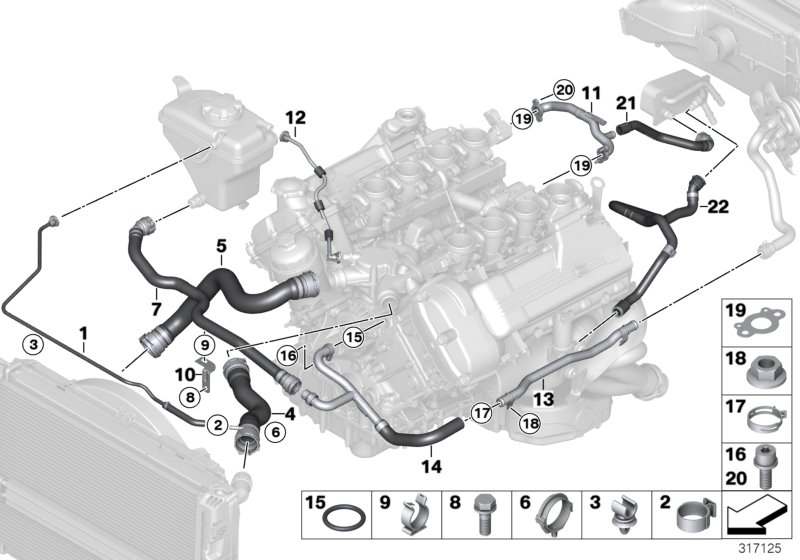 Шланги системы охлаждения для BMW E93 M3 S65 (схема запчастей)