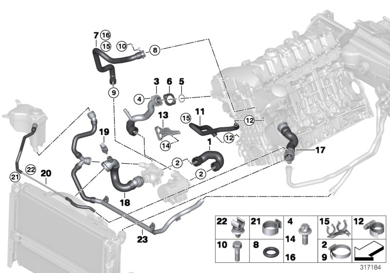 Шланги системы охлаждения для BMW E92 330i N53 (схема запчастей)