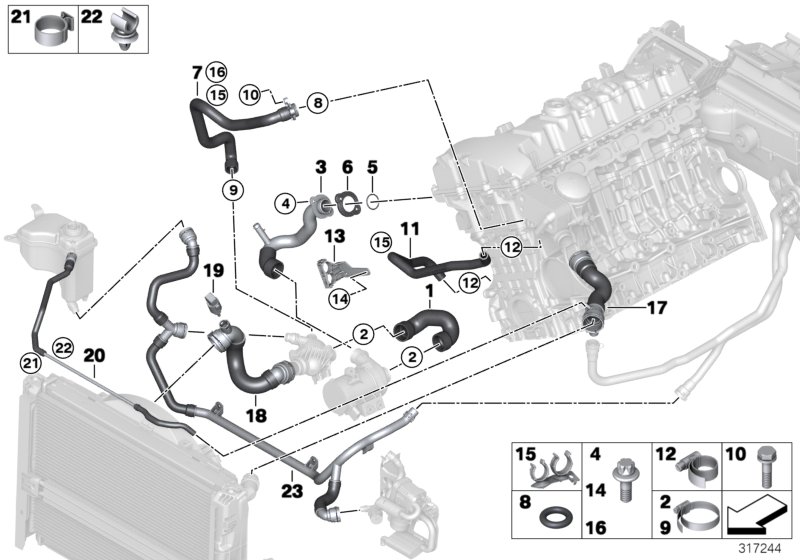 Шланги системы охлаждения для BMW E93N 323i N52N (схема запчастей)