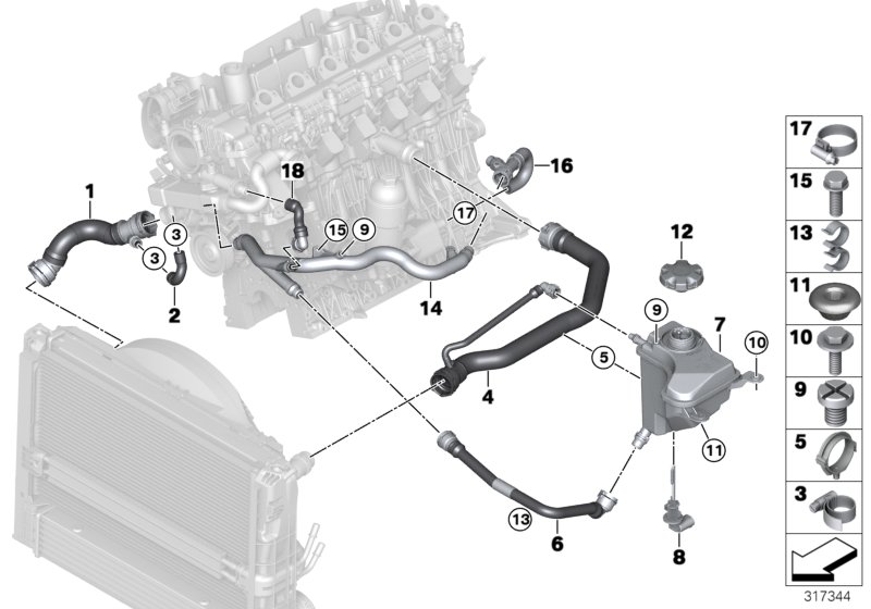 Шланги системы охлаждения для BMW E90 330xd M57N2 (схема запчастей)