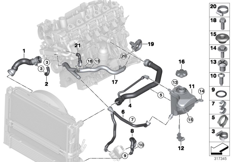 Шланги системы охлаждения для BMW E90N 325d M57N2 (схема запчастей)